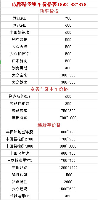 成都租車(chē)價(jià)格表參考